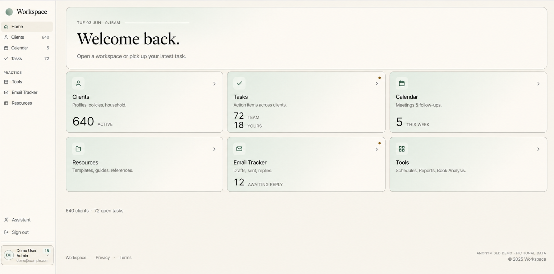 CRM dashboard with fictional demo data