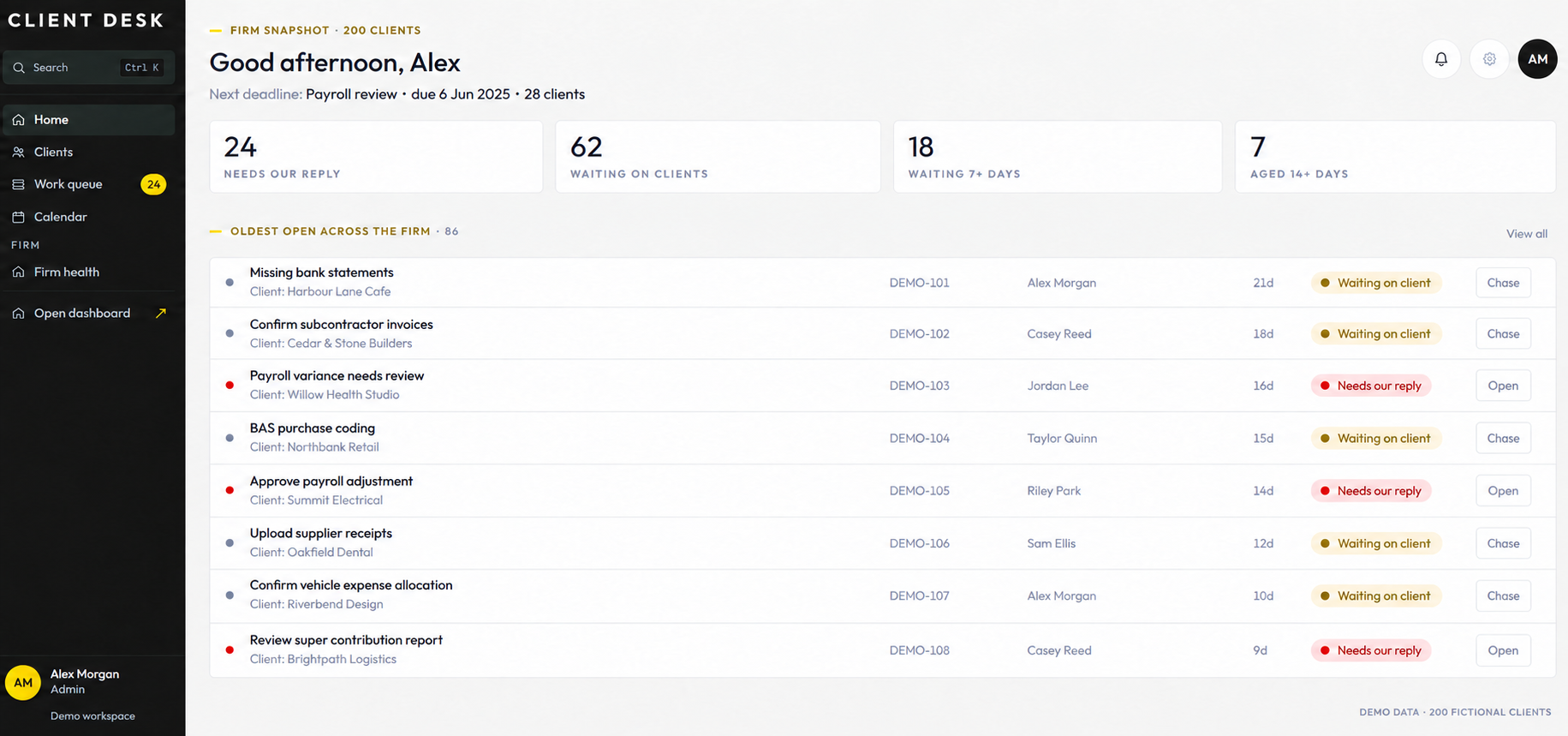 Accounting portal with a fictional 200-client demo dataset